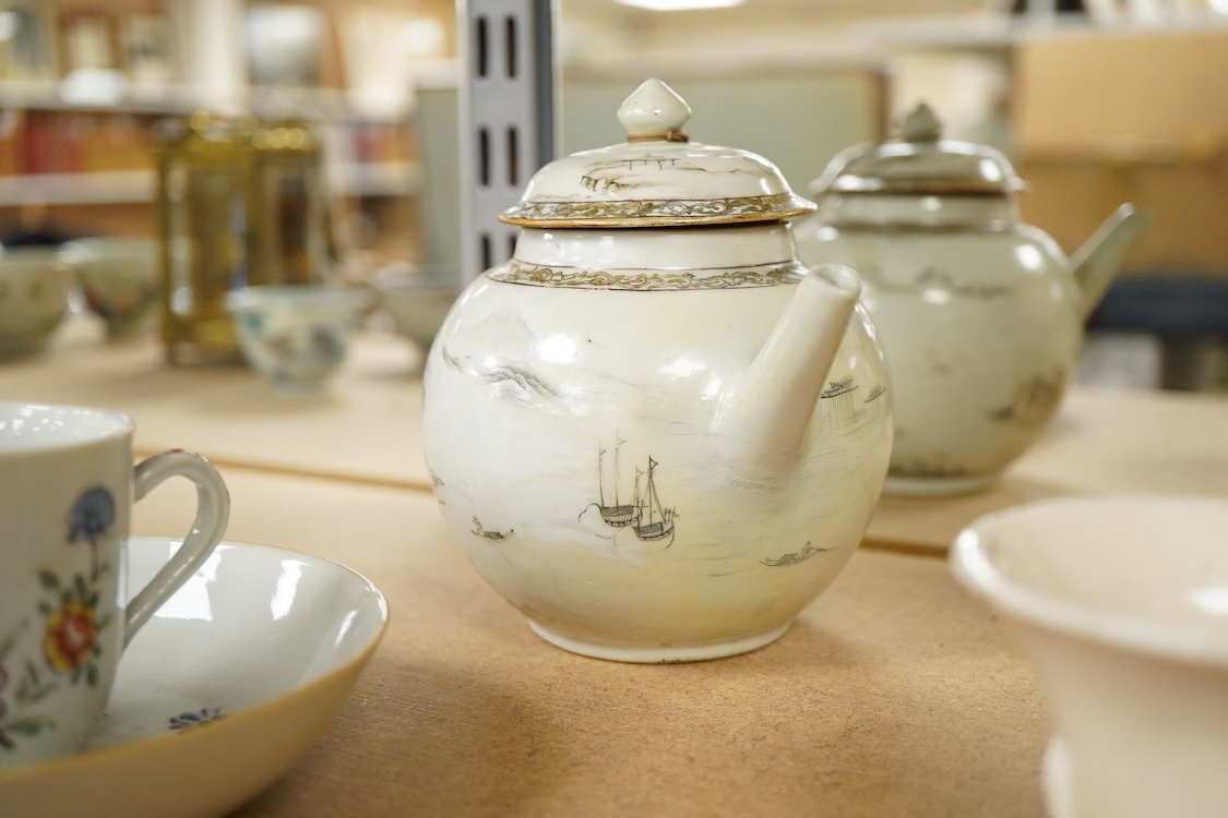 18th century Chinese porcelain tea wares - a grisaille decorated teapot and cover - 13cm high, a famille rose tea caddy, cup and saucer and a Kangxi blanc de chine libation cup